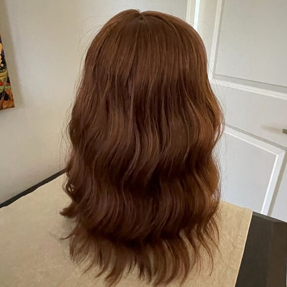Medium Brown Wavy Shoulder Length Synthetic Hair Wig Bangs - Picture 5 of 9